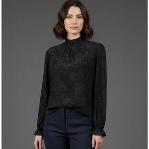 Tucker Stella 100% Silk Crepe Lace Top M Smocked Mock Neck Black Luxury Chic EUC